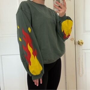 Crewneck Sweatshirt with Red & Yellow Flame Sleeves - Women Tops